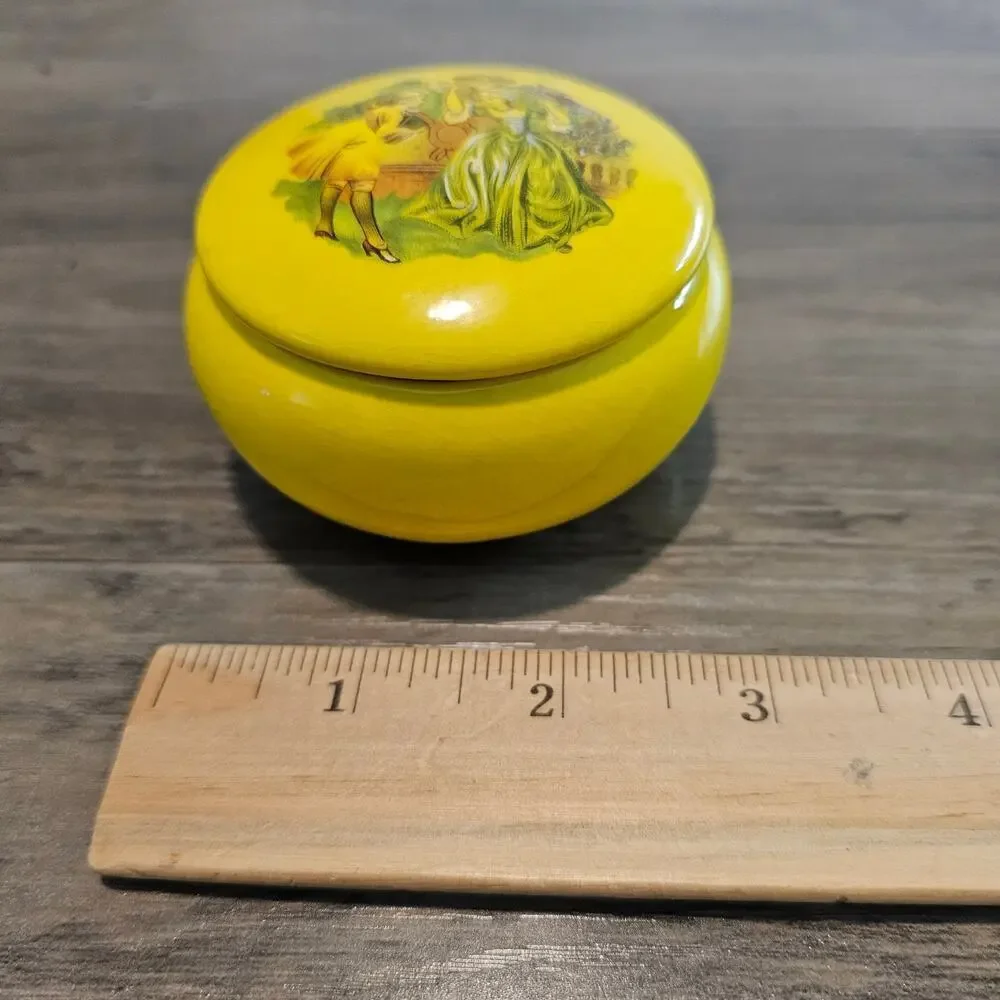 Vintage Victorian Trinket Jewelry Box Yellow Round Ceramic Keepsake Medieval